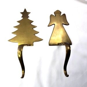 Vintage Christmas Tree & Angel Brass Stocking Holders 11" Christmas Decor